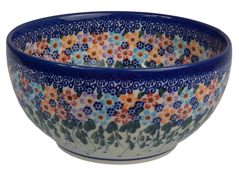 Handcrafted Ceramic Salad Bowl 1500ml Daisy collection Boleslawiec Style Pattern Traditional Polish Pottery d.19cm