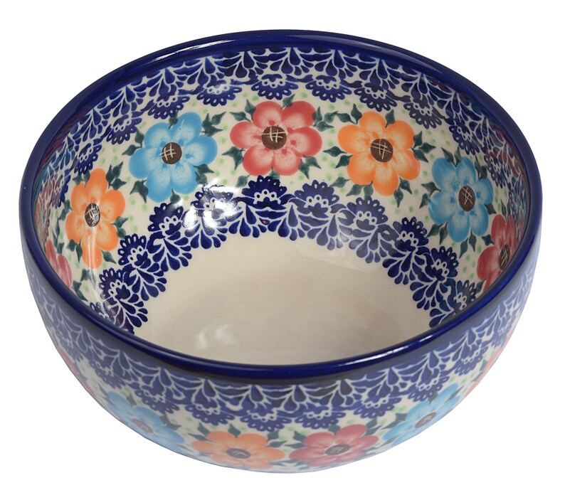 Handcrafted Ceramic Salad Bowl 1500ml Daisy collection Boleslawiec Style Pattern Traditional Polish Pottery d.19cm