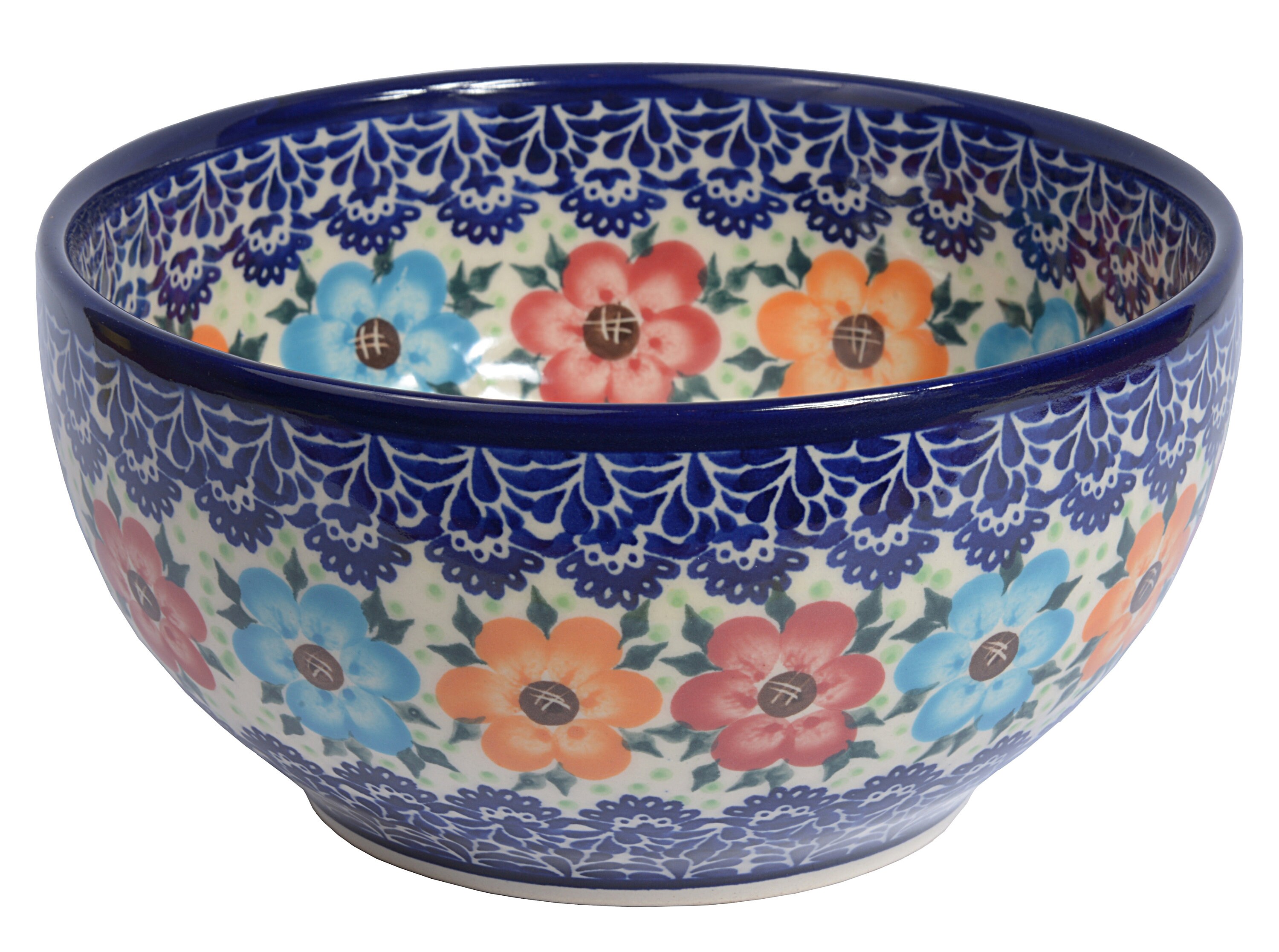 Handcrafted Ceramic Salad Bowl 1500ml Daisy collection Boleslawiec Style Pattern Traditional Polish Pottery d.19cm