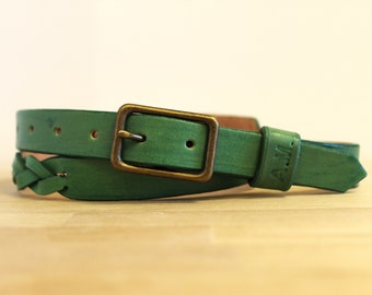 Personalized leather belt in sage green color, Thin belt for dress, Braided belt handmade, Custom belt modern, Birthday gift for wife,
