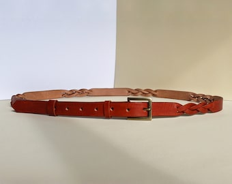 Thin belts for women, Brown braided belt, Genuine leather belt, Waist belts for dress, Skinny belt buckle, Mothers gift from daughters