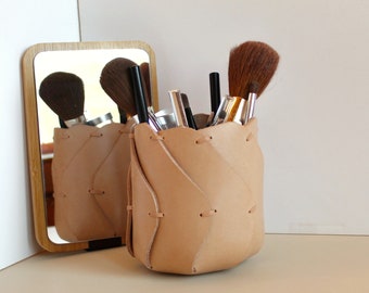 Brush Pot, Makeup Brush Holder, Unique Leather Gifts for Home Decor, Makeup Organizer for Vanity, Handmade Container, Cosmetic Storage,