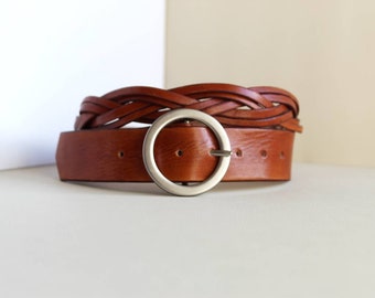 Woven leather belt for women, Silver circle belt, Casual belts for jeans, Brown braided belt, Tan leather belt, Xmas gifts for yourself,