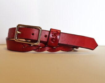 Personalized leather belt for women, Red braided belt handmade, Monogram belt, Silver buckle belt, Thin leather belt, Birthday custom gifts