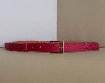 Pink leather belt, Custom belt for women, Skinny waist belt,  Hot pink belt for dress, Braided belt for girls, Graduation gift for sister,