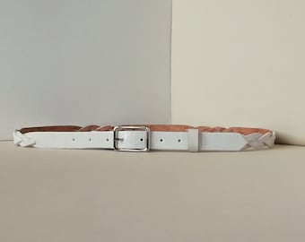 White leather belt for women, Braid leather belt for summer clothes,  Skinny white belt, Real leather belt, Birthday present for sister, mom
