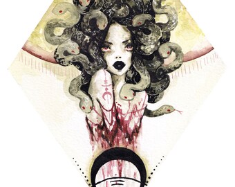 May include: Watercolour painting of a woman with snakes for hair. The woman has red eyes and dark lipstick. She is wearing a white dress with a red stain on it. The background is a yellow and brown watercolour wash.