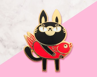 Spilla smaltata Kawaii a forma di gatto – Spilla rigida da bavero oro, nera e rossa | Regalo giapponese a tema gatto per lei | Spilla a forma di gatto carina