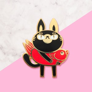 Kawaii Cat Enamel Pin – Gold Black Red Hard Lapel Pin | Japanese Cat Gift for Her | Cute Cat Brooch