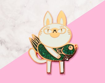 Spilla smaltata Kawaii a forma di gatto – Spilla rigida da bavero bianca e oro rosa | Regalo giapponese a tema gatto per lei | Spilla carina