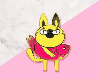 Spilla smaltata a forma di gatto Kawaii – Spilla da bavero gialla e oro rosa | Regalo a tema gatto ispirato al Giappone | Spilla carina