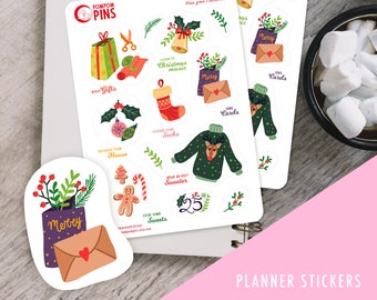 Foglio di adesivi natalizi Kawaii per agenda - Adesivi per bullet journal a tema festivo | Un grazioso regalo festivo per lei