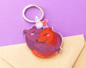 Portachiavi in acrilico con orsetti che si abbracciano - Ciondolo d'amore Kawaii | Regalo carino per coppie | Accessorio per borsa di San Valentino per lei