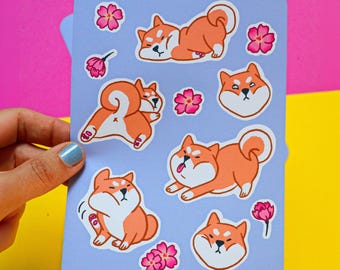 Foglio di adesivi Shiba Inu — Fiori di ciliegio Kawaii | Adesivi fustellati | Adesivi per Bullet Journal | Sakura Shiba