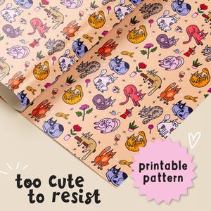 Peut inclure: Un motif imprimable avec un design répétitif de chats colorés dans différentes poses, y compris assis, debout et endormis. Le fond est de couleur pêche clair avec de petits détails comme des fleurs, des étoiles et des cœurs.