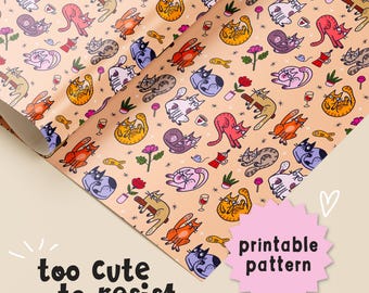 Motivo a fantasia senza soluzione di continuità con gatti Kawaii, download digitale - Design per tessuti, sublimazione, carta da parati e scrapbooking