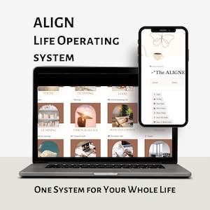 May include: A laptop and smartphone showcasing a digital planner interface. The laptop screen displays categories such as "Today," "Planning," and "Food." The smartphone shows a similar interface with options for notes and tasks. Text reads "ALIGN LIFE OPERATING SYSTEM."