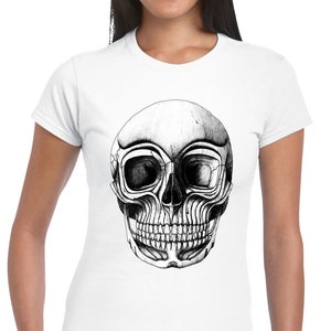 Women&#39;s black and white Biro inked skull short sleeve T-shirt