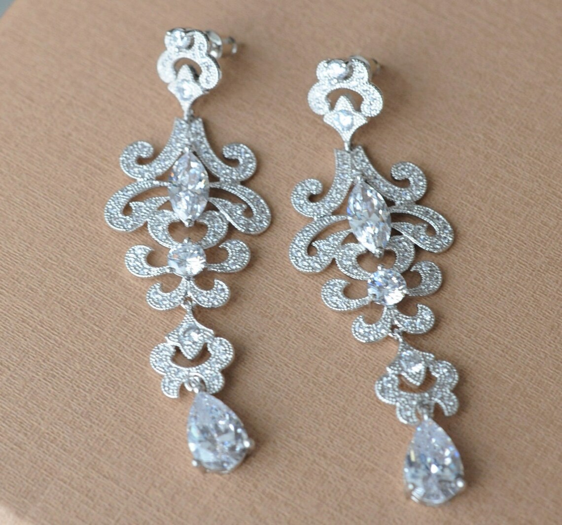 Bridal Silver Earrings Wedding Flower Earrings Long Crystal | Etsy