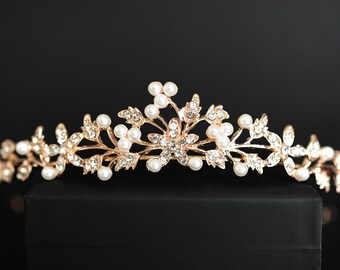 Bridal Tiara in Rose Gold with Pearls, Flower Pearl Tiara for Bride, Crystal Diadem, Wedding Tiara, Crown CZ Petite Tiara, Romantic Tiara