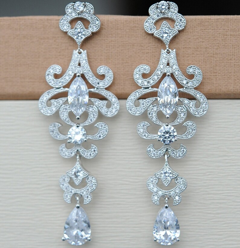 Bridal Silver Earrings Wedding Flower Earrings Long Crystal - Etsy