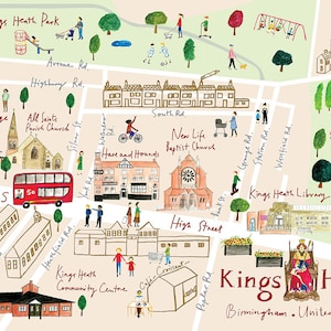 Mapa ilustrado de Kings Heath, Birmingham, A3 (420 x 297 mm), cartão sem revestimento de 350 g