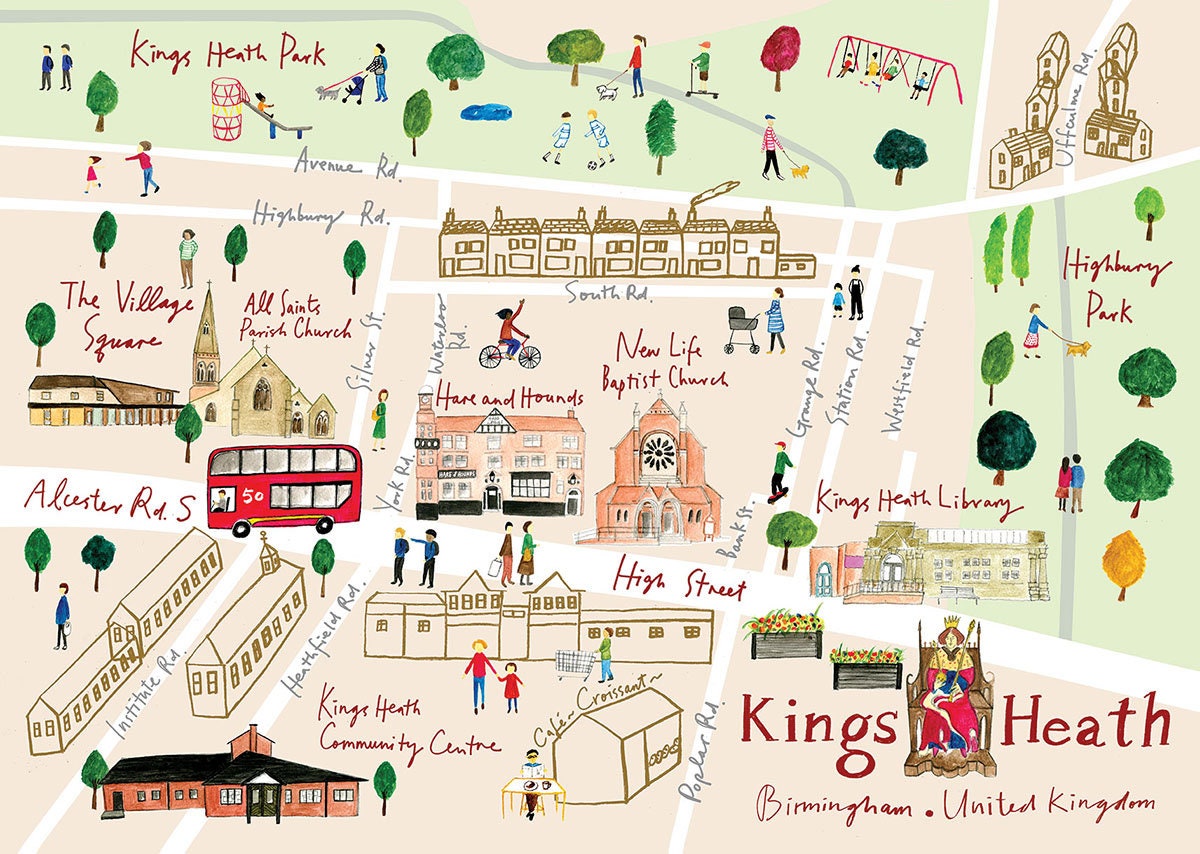 Illustrated Map of Kings Heath, Birmingham, A3 420x297mm, 350g Uncoated