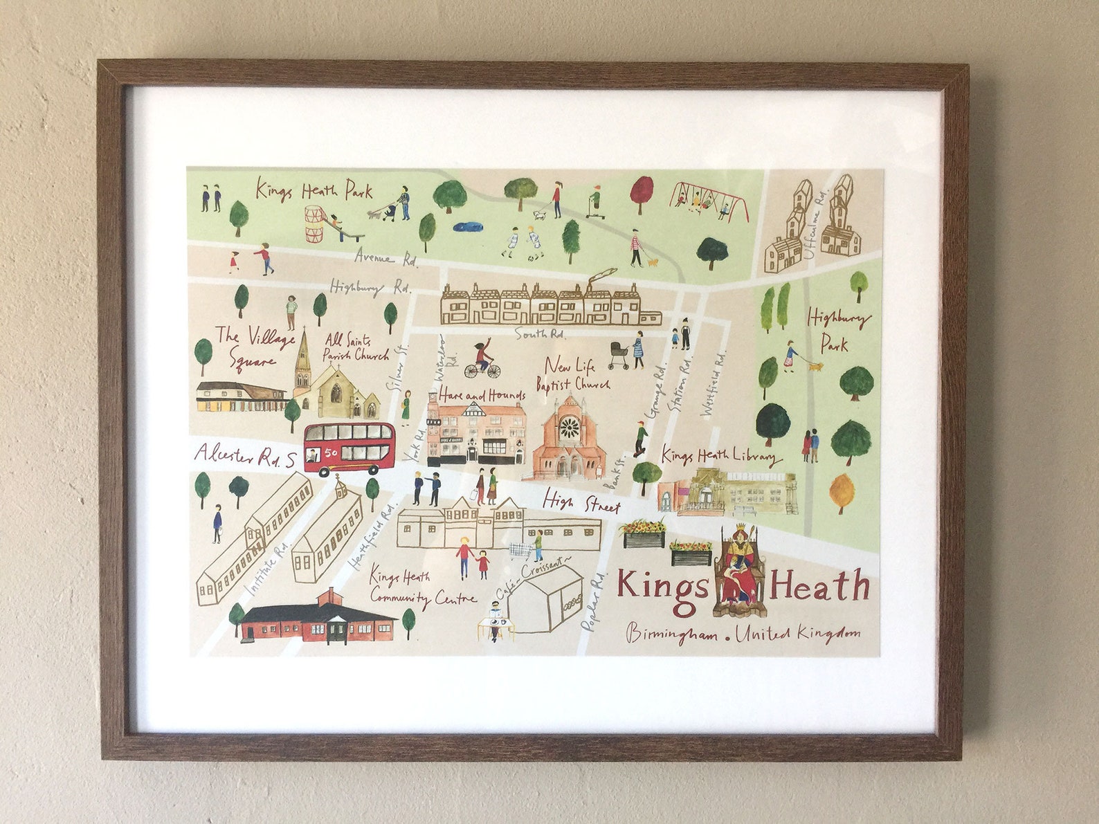Illustrated Map of Kings Heath, Birmingham, A3 420x297mm, 350g Uncoated