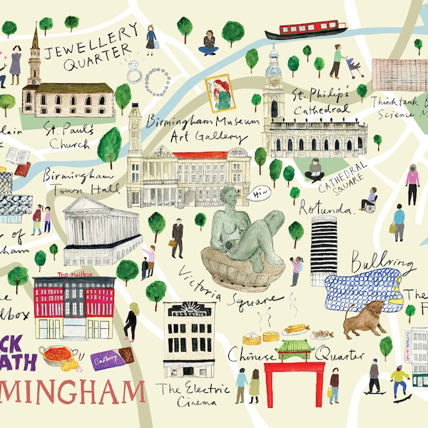 NEW EDITION - Illustrated Map of Birmingham, UK City, A3 420 x 297mm