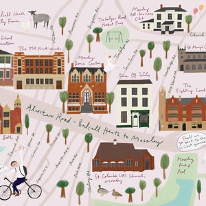 NEW EDITION - Geïllustreerde kaart van Alcester Road, Balsall Heath naar Moseley, West Midlands, Verenigd Koninkrijk. A3, 420x297mm