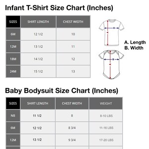 Op de afbeelding: Een tabel met de maten van baby-T-shirts en rompers in inches. De tabel bevat maten, shirtlengte, borstbreedte en gewicht. De tabel is getiteld "Baby/Infant Apparel".