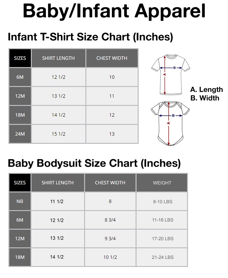Op de afbeelding: Een tabel met de maten van baby-T-shirts en rompers in inches. De tabel bevat maten, shirtlengte, borstbreedte en gewicht. De tabel is getiteld "Baby/Infant Apparel".