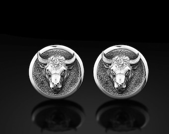 Sterling Silver Bull Men's Cufflinks, Taurus Bull Men Cufflinks, Animal Wedding Man Cufflinks, Polished Silver Cufflinks, Wedding Men's Gift