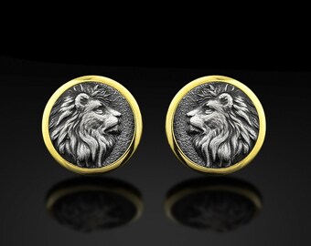 Lion Mens Cufflinks, Sterling Silver Gold Plated Lion Cufflinks, Wedding Lion Cufflinks, Men Silver Gift Cufflinks, Roun Lion Mans Cufflinks