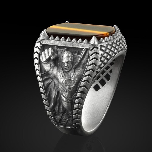 SuperMan Tiger's Eye Gemstone Signet shops Ring, Sterling Silver Mens Signet, Superhero Jewelry, Superhero Gifts for Dad, Gifts for Husband