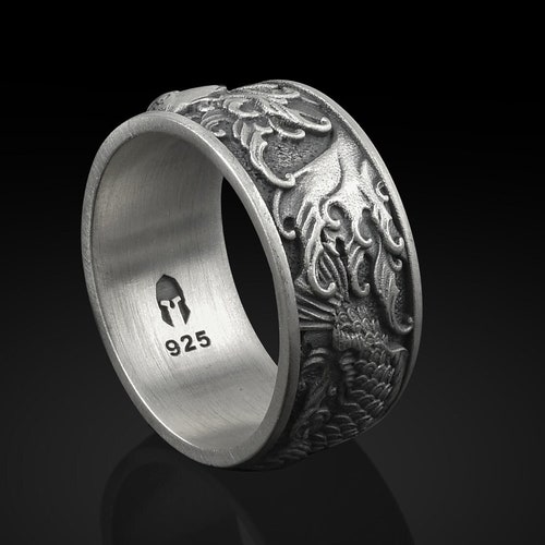 Japanese Pattern Men Wedding Ring 925 Sterling Silver Men Etsy