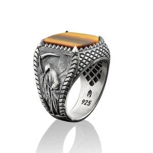 Azrael sterling silver men ring with tiger's eye's gemstone, 925 silver gothic pagan man ring, Fantasy gemstone ring, Punk silver biker ring