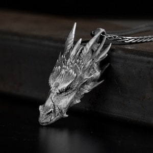 Handmade dragon head sillver necklace for men in sterling silver, Oxidized silver dragon charm pendant, Medieval dragon silver men necklace