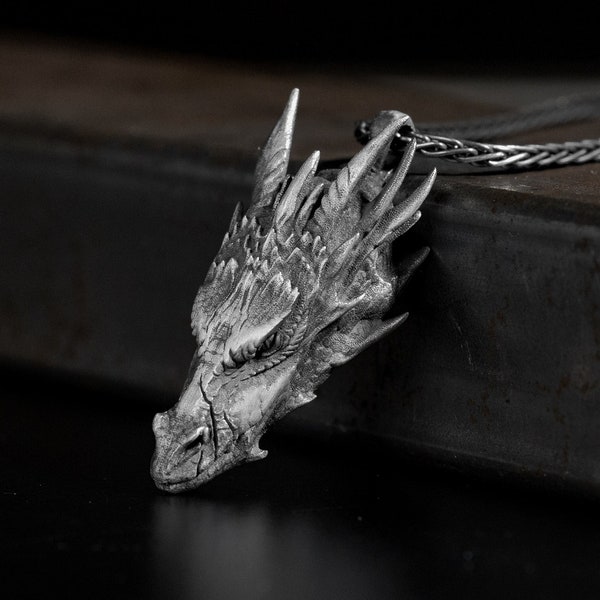 Collier en argent tête de dragon fait main pour homme en argent sterling, pendentif à breloque dragon en argent oxydé, collier homme en argent dragon médiéval