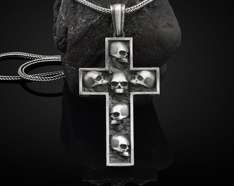 Metal Color : Pendant Necklace Vacally Antique Silver Cross Pendant Necklaces Punk Skull Titanium Jesus Necklace for Men