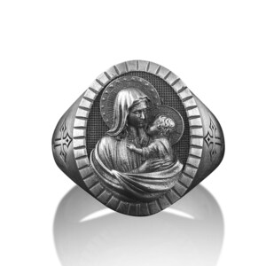 Mary With Child Mens Signet Ring for Men in Sterling Silver, Holy ...