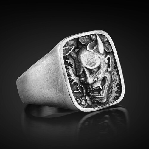 Oni Japanese Art Mens Ring in Silver Demon Engraved Etsy
