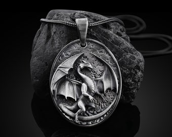 Silver Dragon Necklace, Mens Dragon Necklace, Dragon Amulet, Winged Dragon Necklace, Medieval Oxidized Dragon, Mens Silver Gift