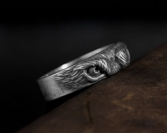 Owl eyes animal wedding band ring in sterling silver, Animal lover gift, Mens silver band with animals, Elegant mythology 925 silver jewelry