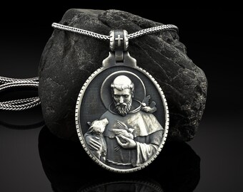 Saint FRANCIS Vintage Jewelry Religious Medal Pendant on 18 inch sterling silver rolo chain