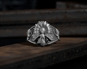 Antieke Victoriaanse Stlye Bee ring op zonnebloem ring voor mannen of vrouwen, Honey Bee signet zilveren ring voor man, Signet bloem familie cadeau ringen