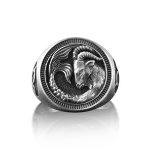 Capricorn Engraved Zodiac Sign Ring for Men in Sterling Silver ...