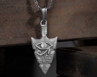 Arrowhead necklace with Eye Horus pendant in sterling silver for men, Rock face silver arrowhead man necklace, Boyfriend or husband gifts