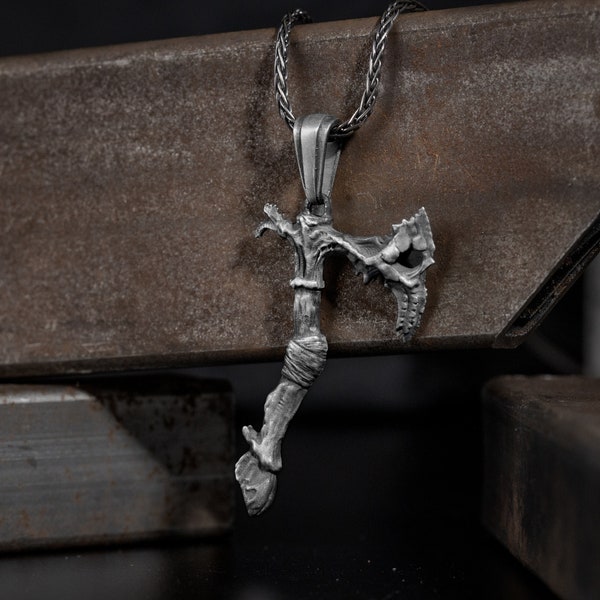 Demon axe necklace pendant for men in sterling silver, Viking scandinavian war axe necklace, Viking battle axe pendant, Punk gothic jewelry