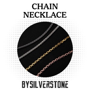 May include: Four different chain necklaces on a black background. The chains are silver, gold, rose gold, and a braided silver chain. The text "CHAIN NECKLACE BY SILVERSTONE" is at the bottom of the image.
